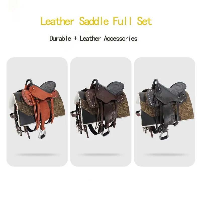 Genuine leather Saddle pad Full Set Harness Leather Carved Large Horse Endurance Saddle Equestrian Supplies