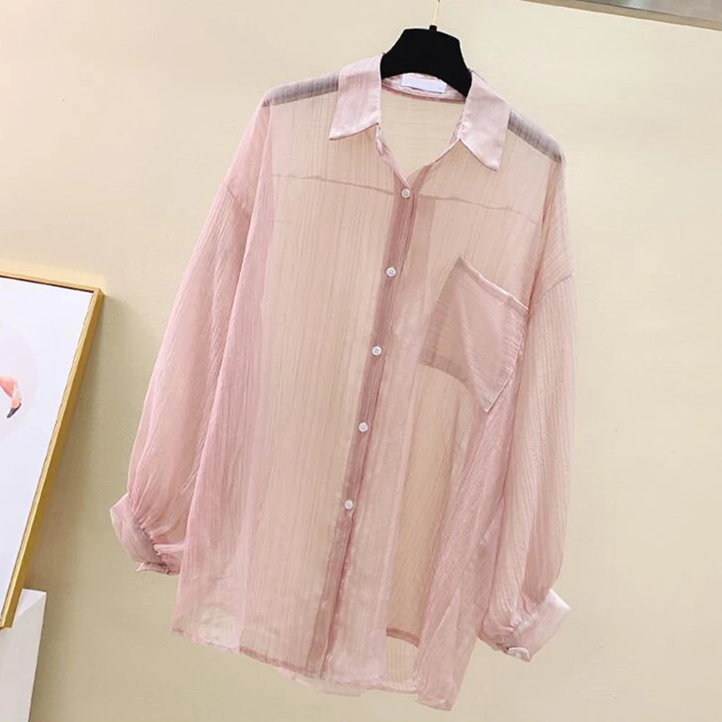 Chiffon Sun-Proof Shirt Women See-Through Casual Loose High Street Long-Sleeved Blouse Single-Breasted Turn Down Collar Cardigan