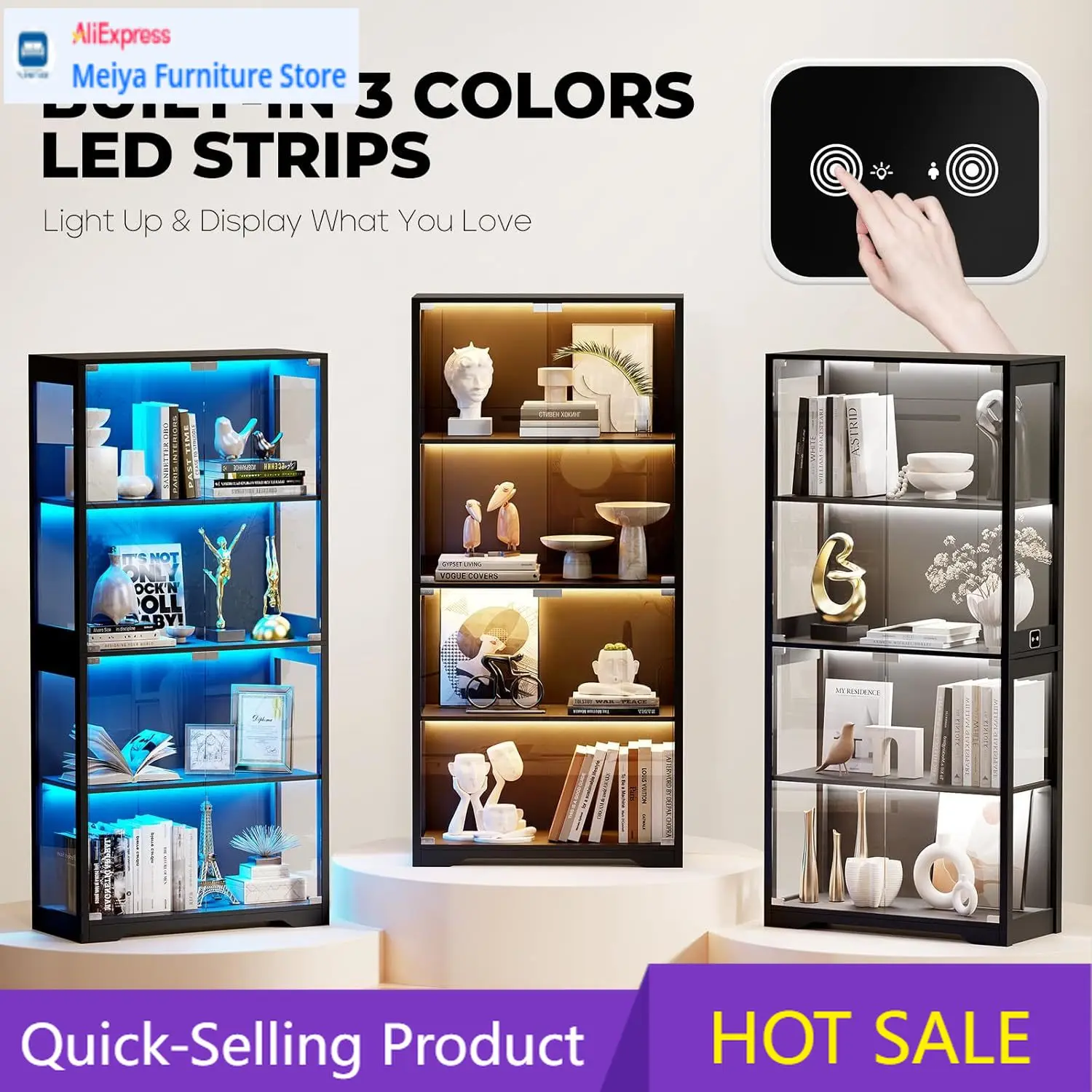 

Витрина ограниченной серии со стеклянными дверцами, 4-уровневый шкаф-витрина с 3-цветной подсветкой для коллекционных предметов, стеклянная витрина