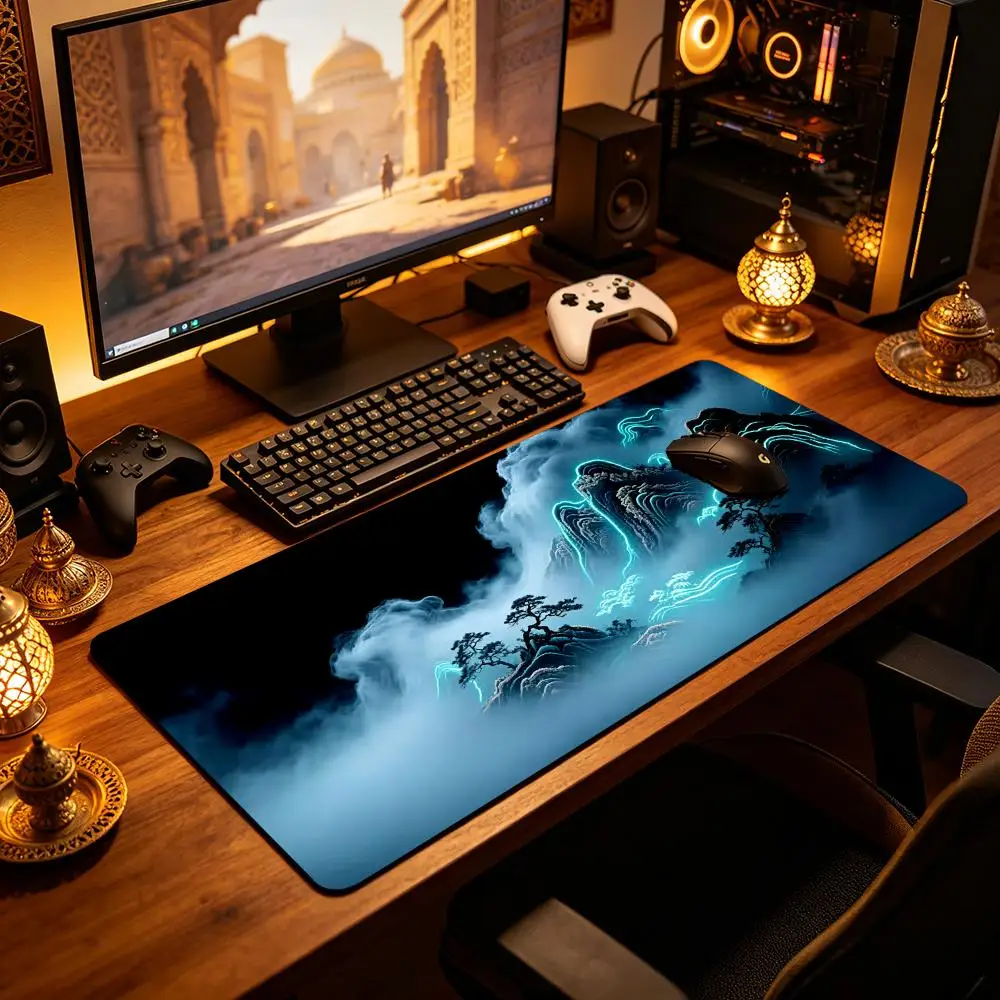 Natural scenery  Gamemat Cyberpunk Chinese Landscape Gaming Mouse Pad - Large Extended Desk Mat with Neon Misty Mountain Design