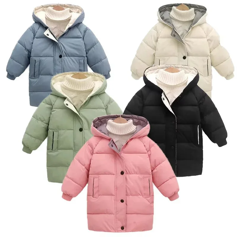 Kids Long Down Jackets Winter Boys Girls Thick Warm Hooded Outerwear Children Cotton Clothes Fashion Coats 2-10 Years