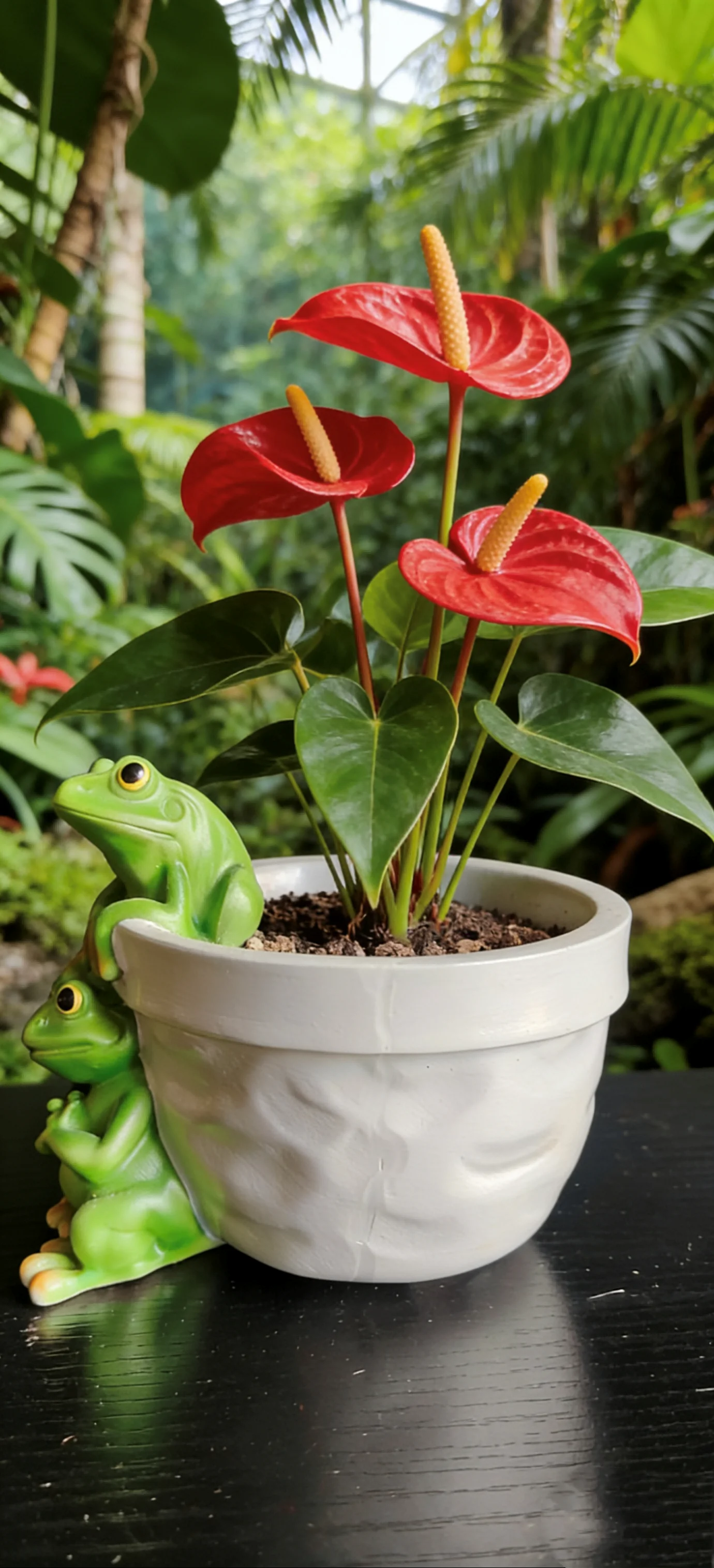 Cute Resin Frog Planter with Artificial Red Anthurium Plant - Home Desk Bathroom Decor, Flower Pot for Patio Garden Ornament Gif