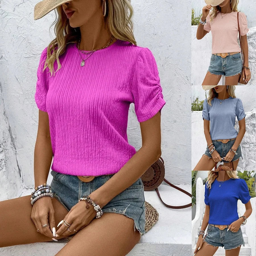 

Summer Women's Short-sleeved T-shirt O-neck Korean Style Fashion Top Pleated Black Simple 2025 New Pink Tees