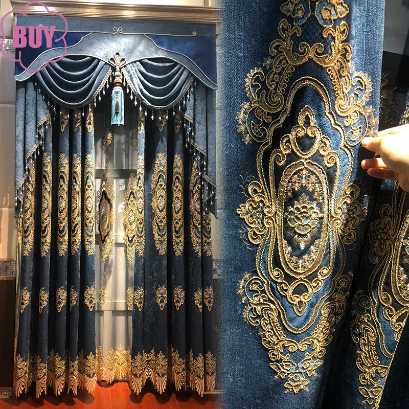

Curtains for Living Dining Room Bedroom New High-end European Style Blackout Chenille Embroidered Blue Luxury