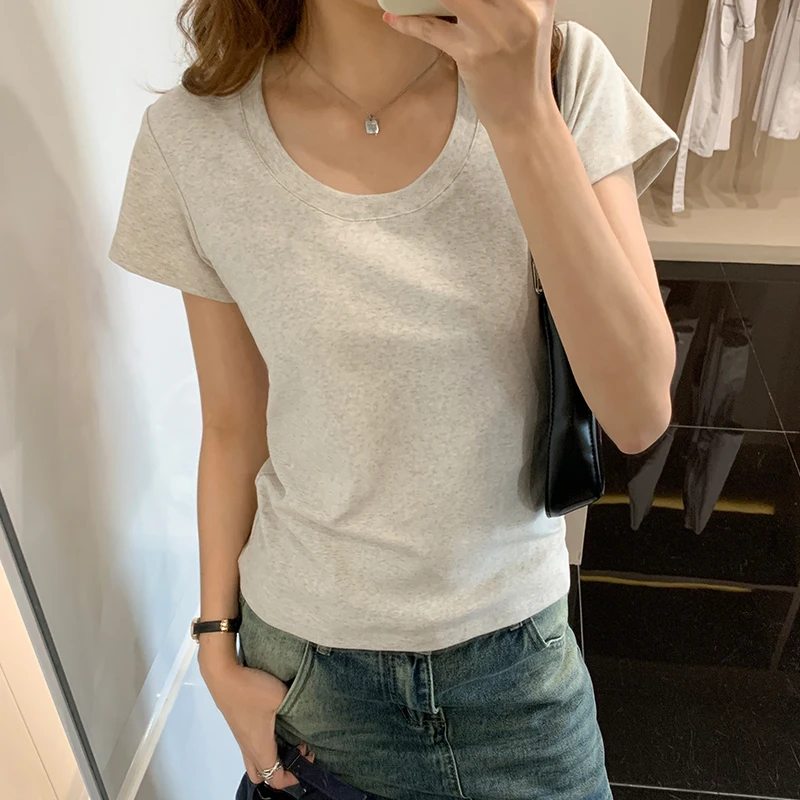 Summer Oatmeal Grey O-Neck Women's T-Shirts 2023 New Short Sleeve Casual Slim Shirts Fashionable Bottom Short Tops Female