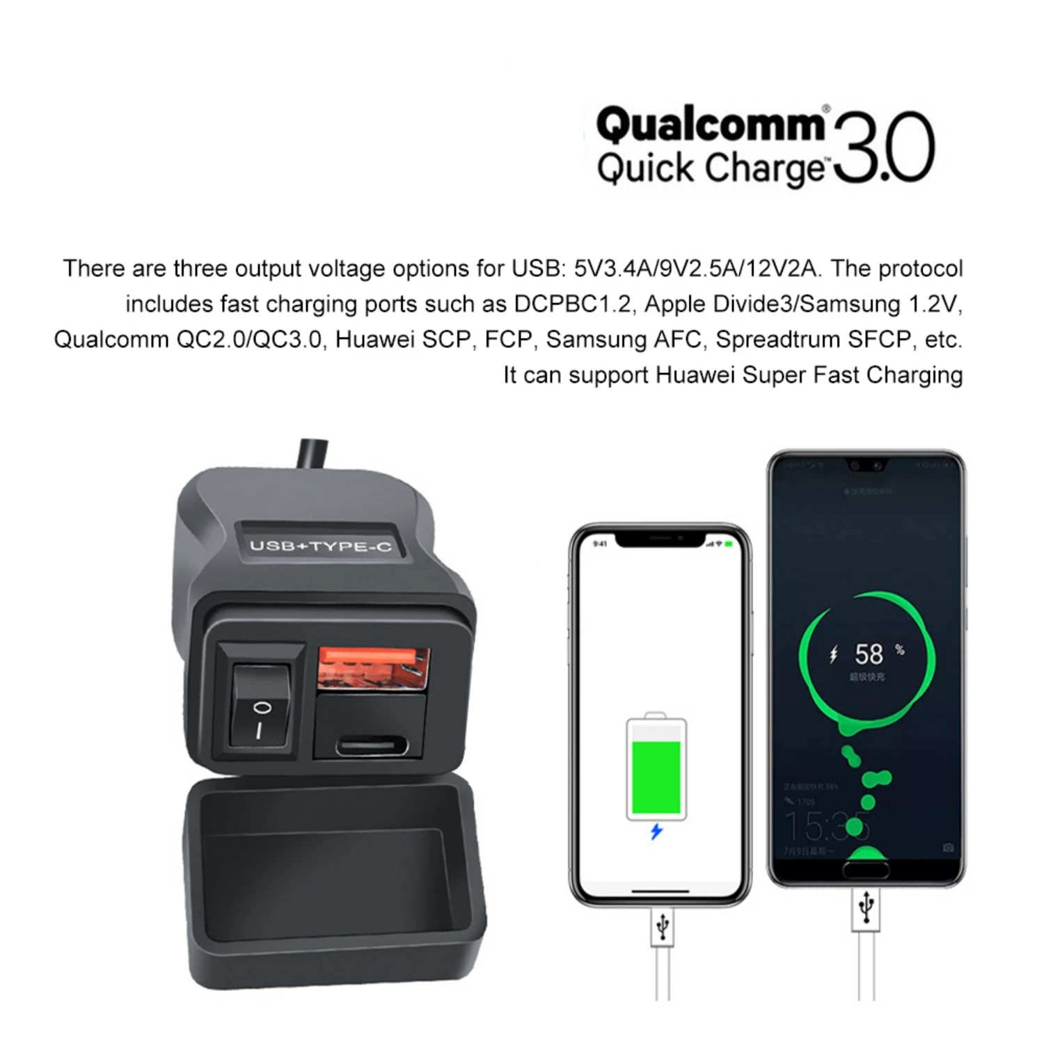 Hot sale QCPD With Switch Motorcycle USB Charger Tap Handle Ring Charger Waterproof Automobile Fast Charging Stand