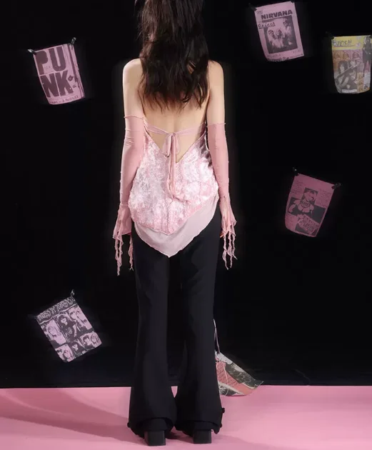 Summer New Lace Velvet Backless Sexy Sleeveless Rose Halter Neck Top Fashion Personality Low Waist Black Lace-up Flare Trousers
