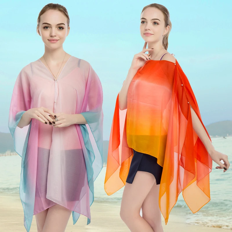 Solid Women's Sun Clothing Summer Beach Towel Pullover Top Air Conditioned Room cloak Chiffon Transparent Sunscreen Shawl