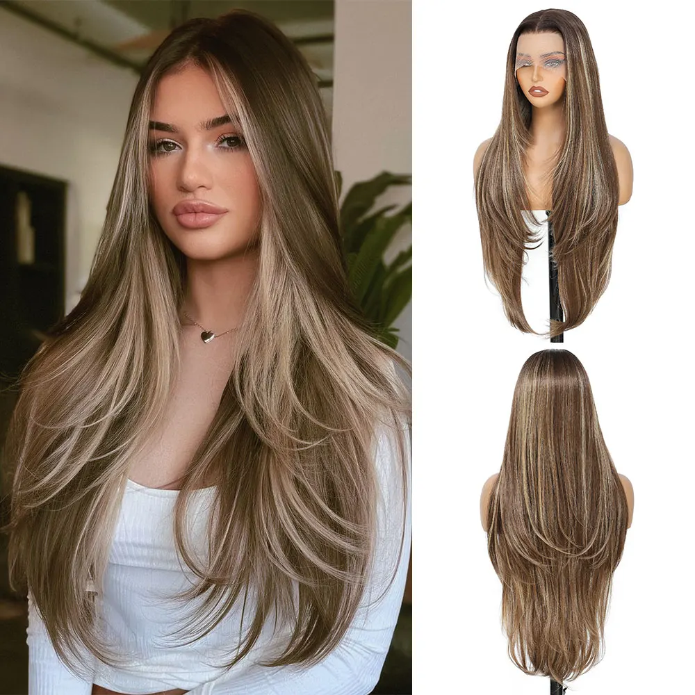 

30-дюймовый прямой парик фронта шнурка 13x4, 320 г, синтетический мелированный блондин с эффектом омбре, медово-коричневый, кружевные фронтальные парики для париков для косплея