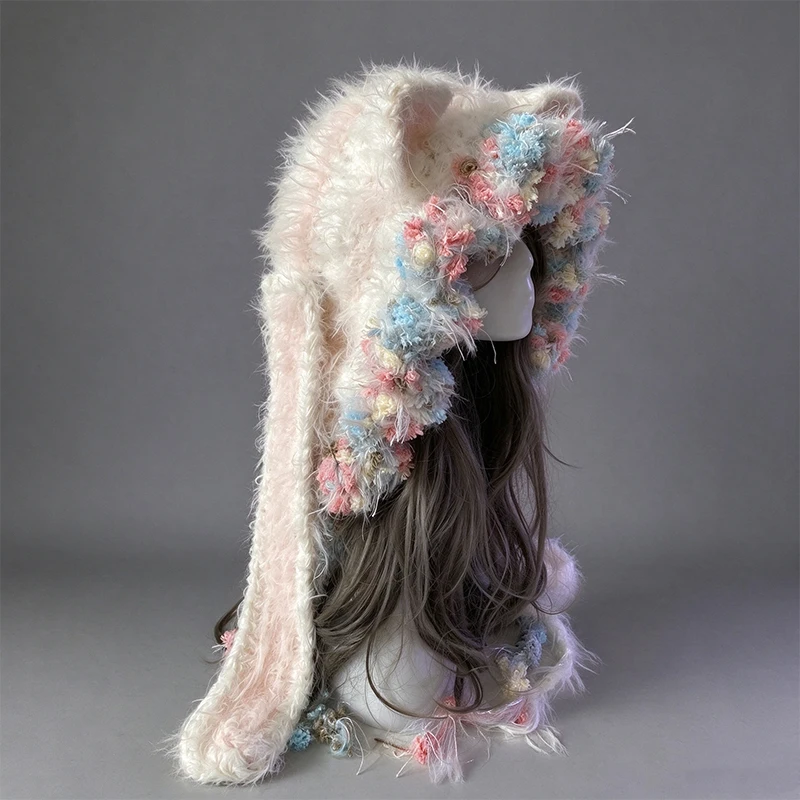 Handmade White Cat Bunny Ear Cute Hood Hat Women Winter Warm Custom Crochet Plush Knit Beanie Ladies Fairy Cosplay Lolita Caps