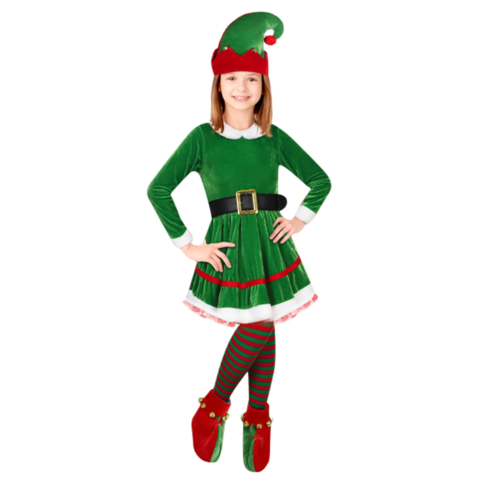 女性のためのクリスマスelfの衣装セット,女の子のためのコスプレスーツ,ベルベット,長袖,ベルト付きラインドレス