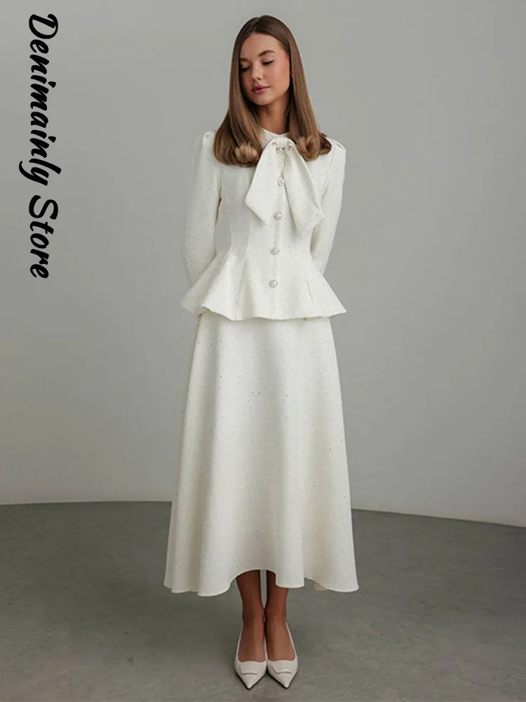 

Elegant Solid Sequine Women Long Skirt Set Bow O-neck Ruffle Hem Top A-line Skirts 2025 Spring Summer Fashion Office Lady Suit