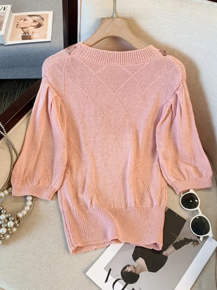 Fashion Women Sequin Knitted Sweater Elegant Lady O Neck Short Sleeved Pullover Tops 2024 Chic Female Commute Street Outfits