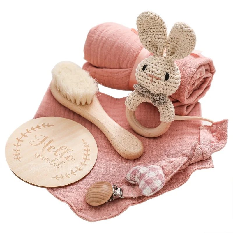 Baby Doek Tepel Ketting Set Pasgeboren Geschenkdoos Badset Kan Bijten Dieren Rinkelen Houten Rammelaar Peuter Herdenkingsspeelgoed