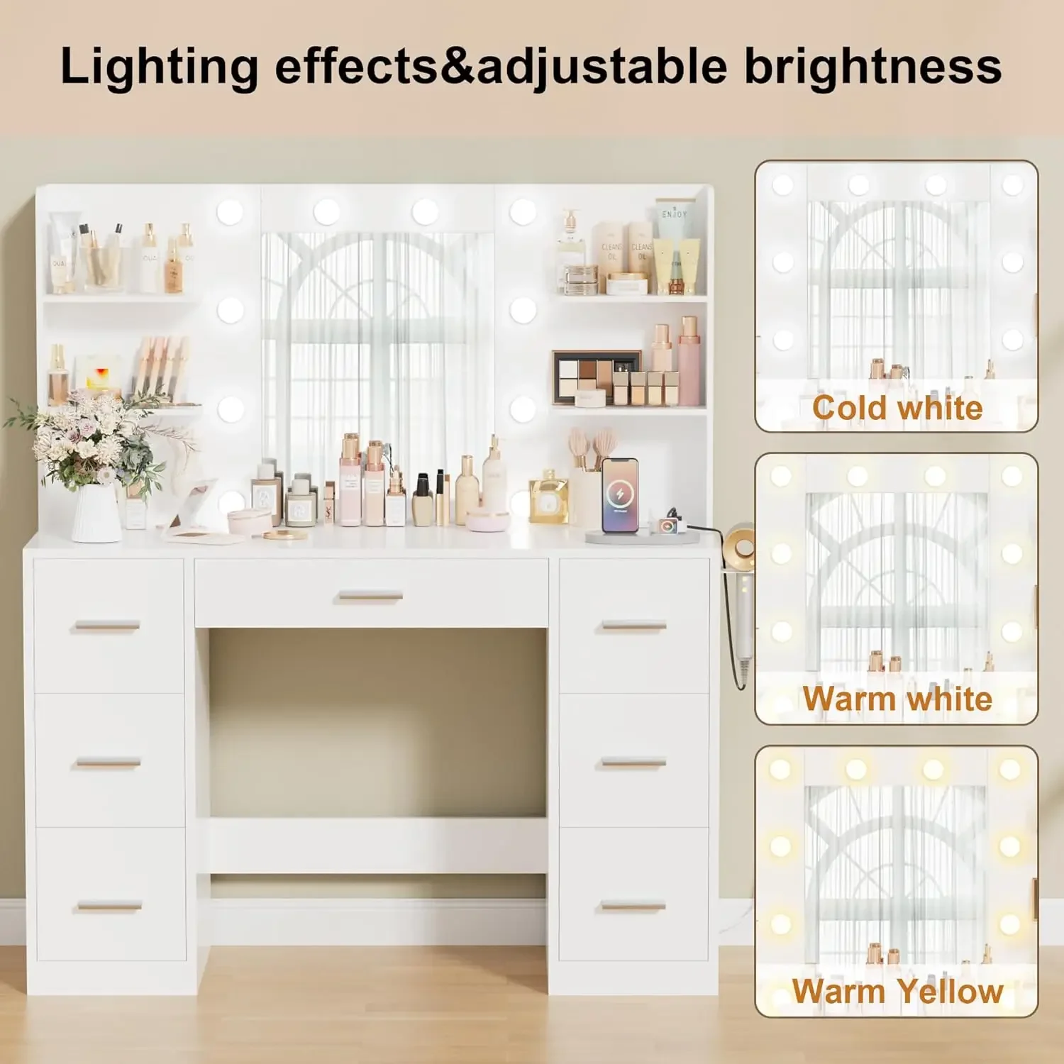 Makeup Vanity Desk with Mirror and 10 Lights, Table with 7 Drawers and 4 Open Shelves, 3 Color Modes and Adjustable Brightness,