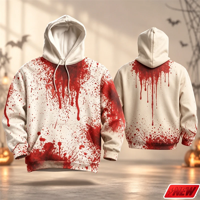 Men Halloween Hoodie 3D Print Blood Splatter Pattern Long Sleeve Hooded Unisex Horror Party Autumn Street Casual Sweatshirt