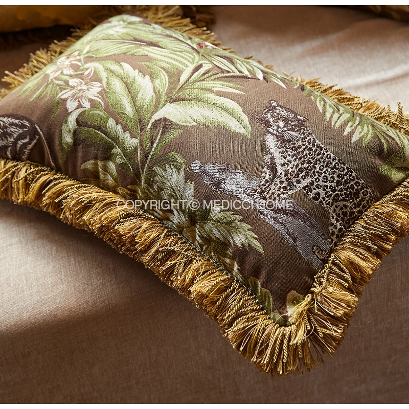 Medicci Home Persian Classic Damask Floral Jacquard Lumbar Pillow Cover Luxe Silk Satin Fringed Cushion Case 30X50 Bright Yellow