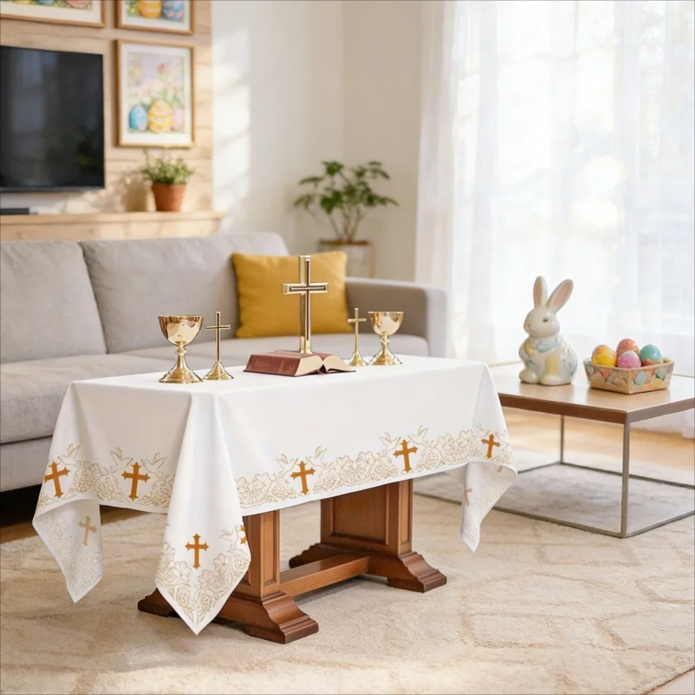 2D FLAT 1pc Elegant Golden Cross and Vine Pattern Table Cover - White Altar Frontal, Rectangular Polyester Table Cover
