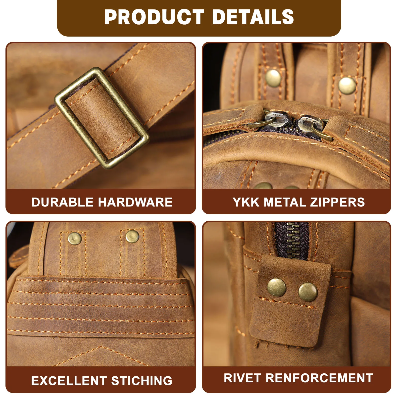 Vintage Echtleder-Umhängetasche für Herren, Vollnarbenleder, Crossbody-Brusttasche, große Kapazität – Detail 12