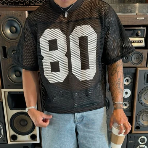 INCERUN-camisetas holgadas con empalme de malla para hombre, Camiseta de manga corta con diseño hueco, Tops informales con estampado Digital de gran tamaño 2024