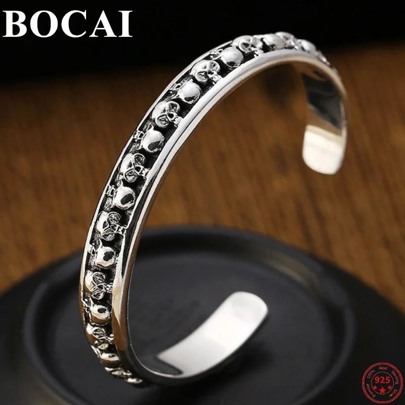 BOCAI S925 Sterling Silver Charm Bracelets for Men New Fashion Emboss-skull Bangle Classic Punk Argentum Jewelry