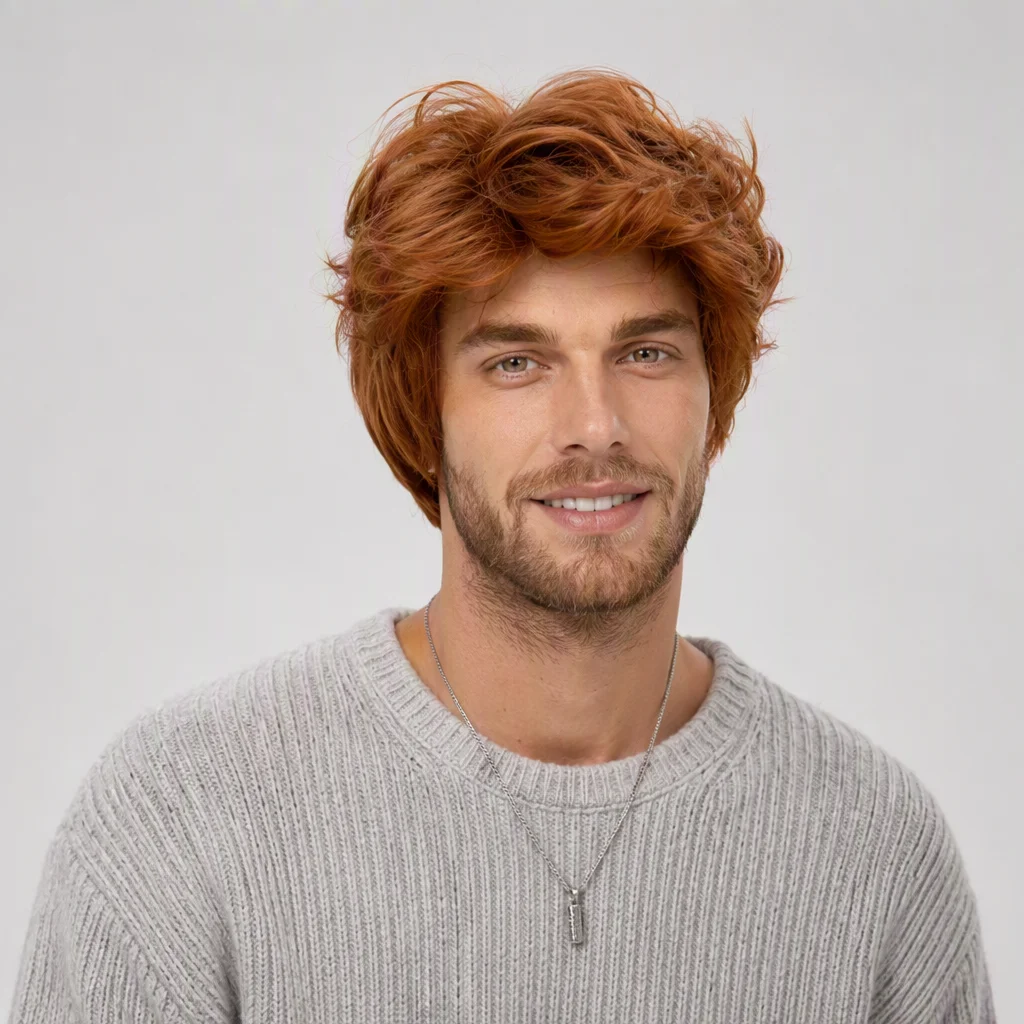 REEWES Men Wigs Short Red Orange Curly Wig Synthetic Natural Looking Layerd Wavy Hair For For Halloween Christmas Party Costume