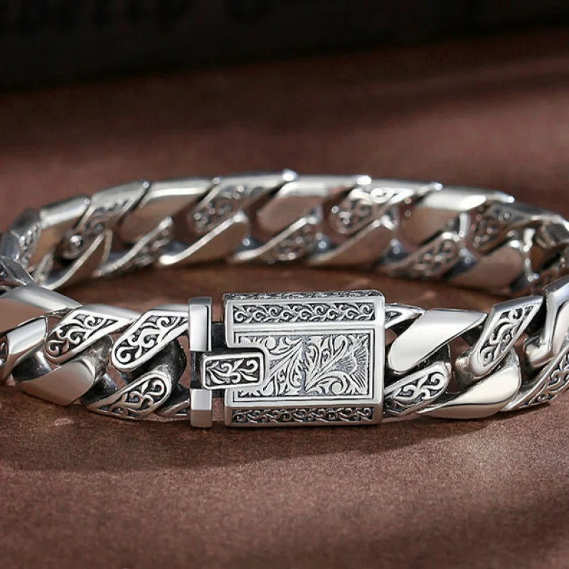 Authentic s925 pure silver new Tang-style punk plain , Korean fashion couple bracelet, boyfriend gift