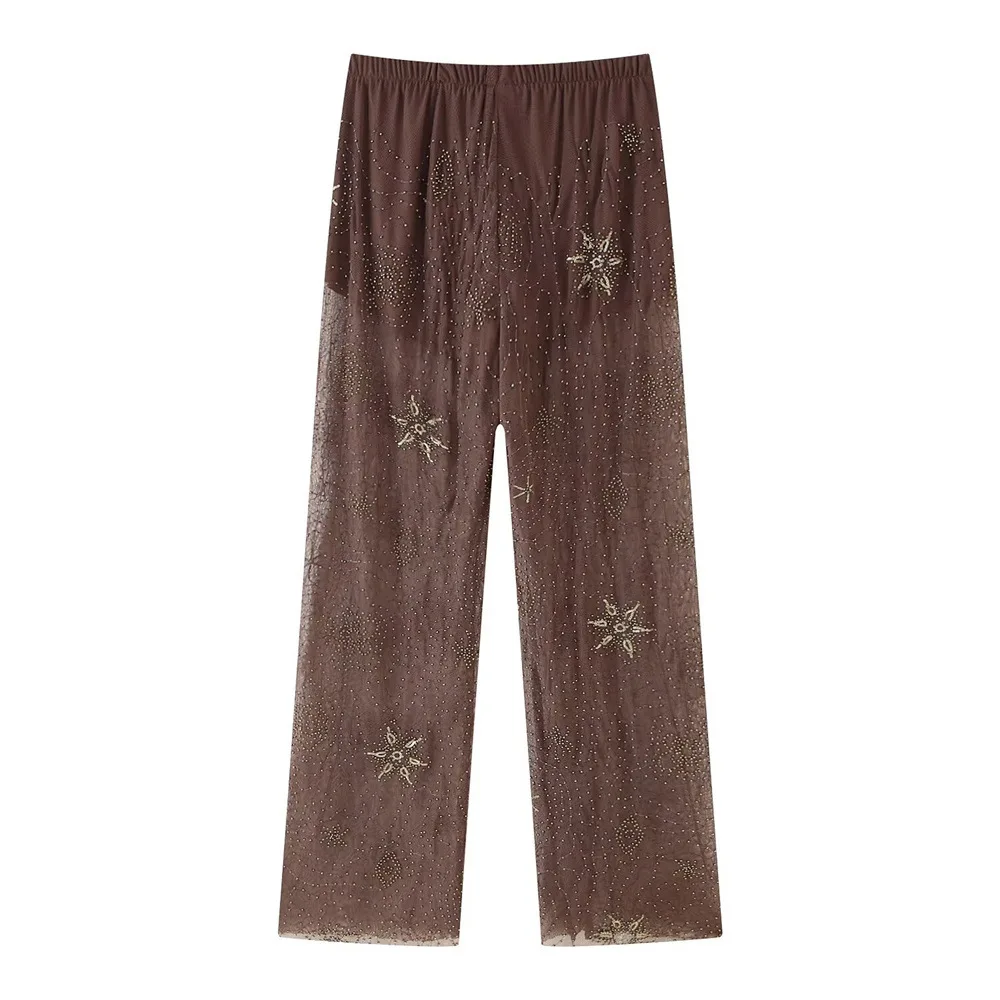 VEITCHE damskie spodnie z cekinowym nadrukiem damskie w pasie szerokie nogawki przepuszczalne spodnie kobiece lato 2025 błyszczące spodnie imprezowe