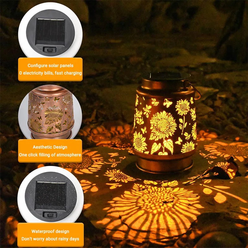 Modern Solar Powered Hanging Lanterns Iron Hollow Animal Projection Garden Butterfly Landscape Decorative LED Courtyard Outdoor