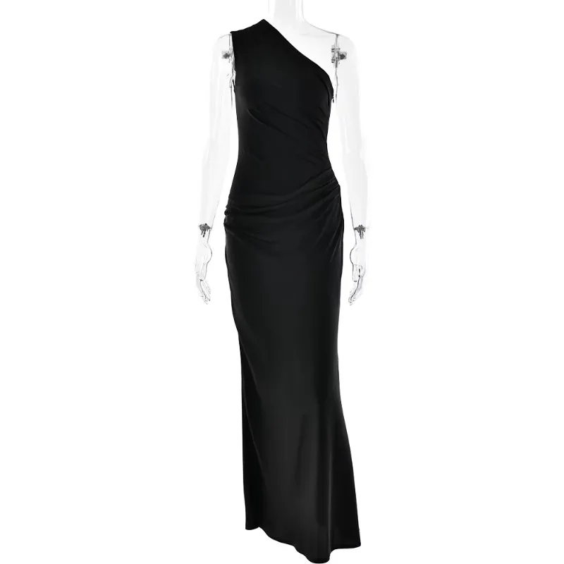 Women Summer One Shoulder Satin Patchwork Maxi Dress Brown Sleeveless Slim Elegant Evening Dress Party Clubwear New Arrival
