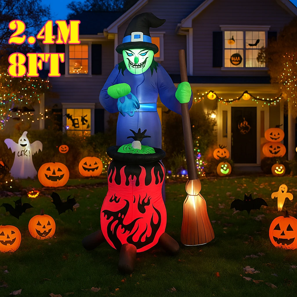 

8FT Inflatables Toys Halloween Outdoor Decoration Witch with Auto Rotation Cauldron Yard Garden Holiday Decor Built-in LED Light