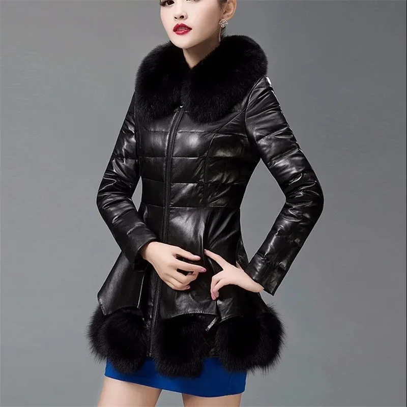2025 Winter New PU Leather Jacket Faux Fur Coat Women\'s Thick Warm Cotton Jacket Long Slim Oversize Leather Coat Fur Collar Coat