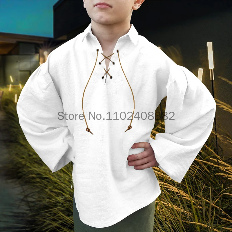 Top de Cosplay para niños, camisa pirata Medieval, renacentista, con cordones, disfraz de Halloween, Ghillie, Ghillie