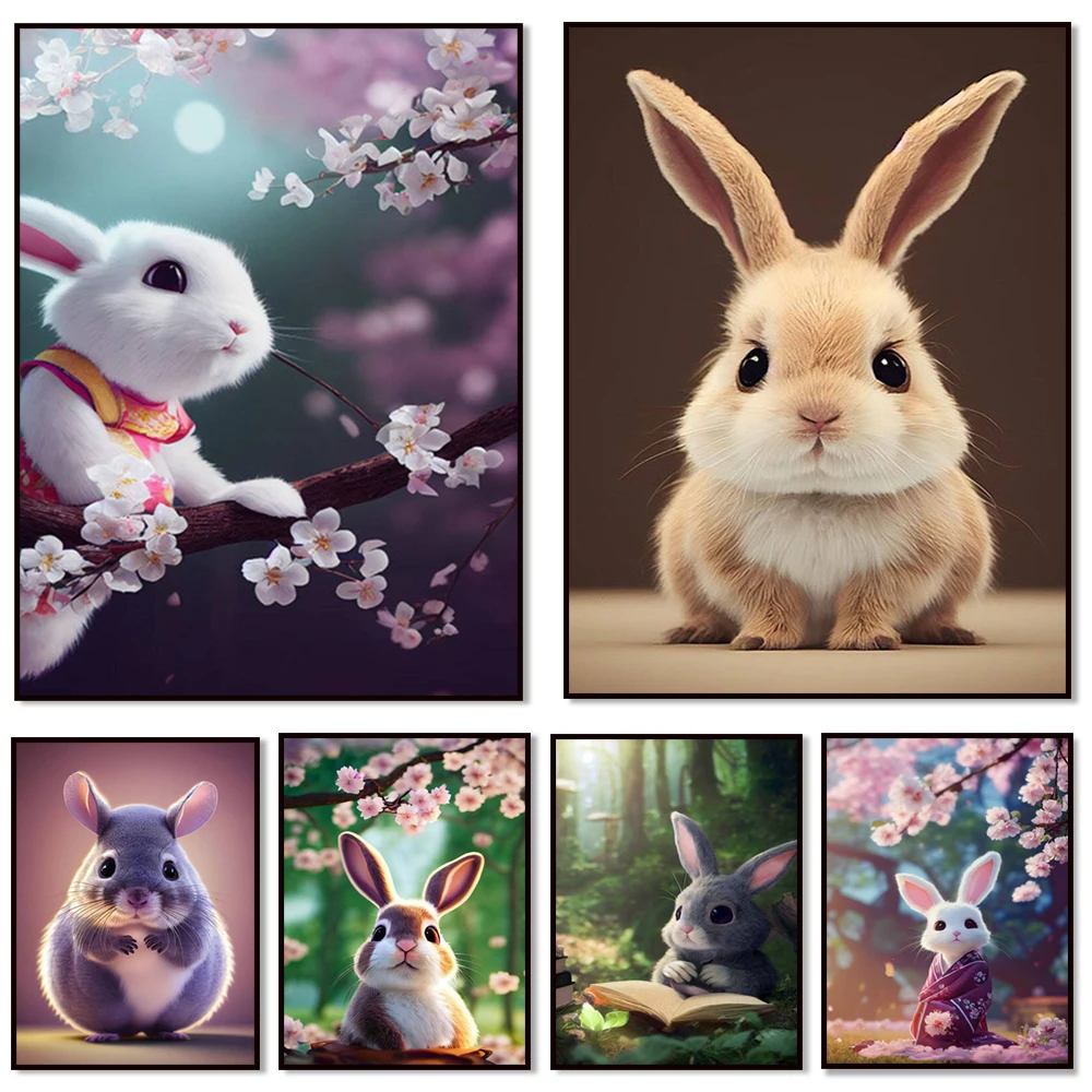 Cute animal chinchilla portrait, cute white rabbit in kimono painted on pink sakura tree canvas art poster living room decor