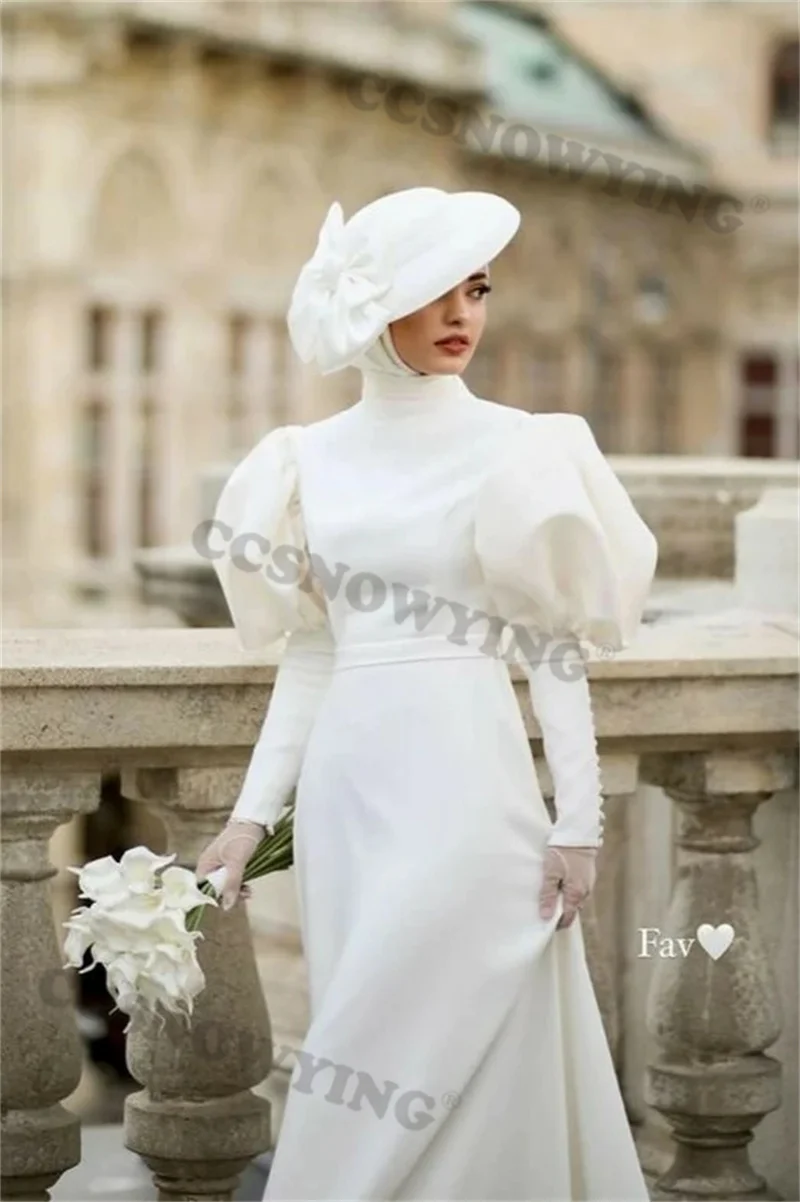 Elegant Satin Hijab Muslim Wedding Dress for Bride Islamic Long Sleeve Dubai Arabic Bride Gown Vestidos De Novia