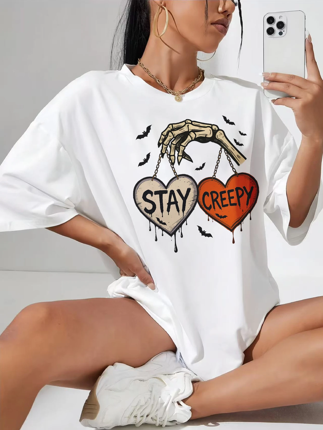 

Stay CreepyRetro Dripping Heart Halloween Clipart Festival white maternity tee round neckline side ruching relaxed breathable
