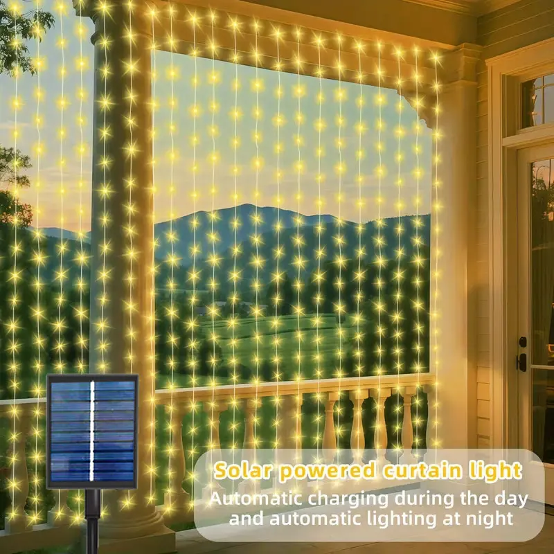 

Уличная светодиодная гирлянда-штора на солнечных батареях, 8 режимов освещения, для свадеб, декораций на День святого Валентина и Рамадан, 2026