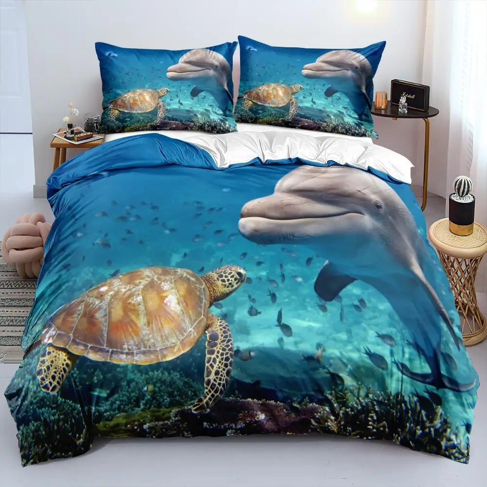 

Hawaiian Vacation Style Marine Life Duvet Cover - Blue Ocean, Dolphin & Turtle Pattern, Available in Twin and King Sizes