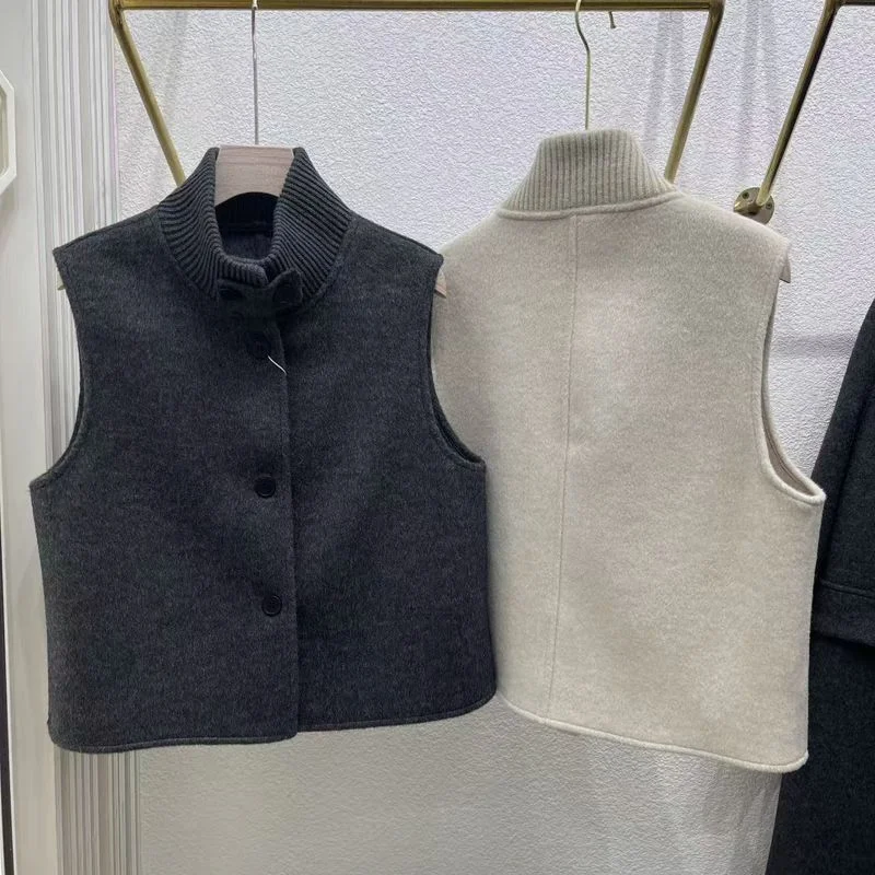 2025 outono e inverno novo gola alta colete de lã dupla face casaco de lã viajando moda camadas sem mangas