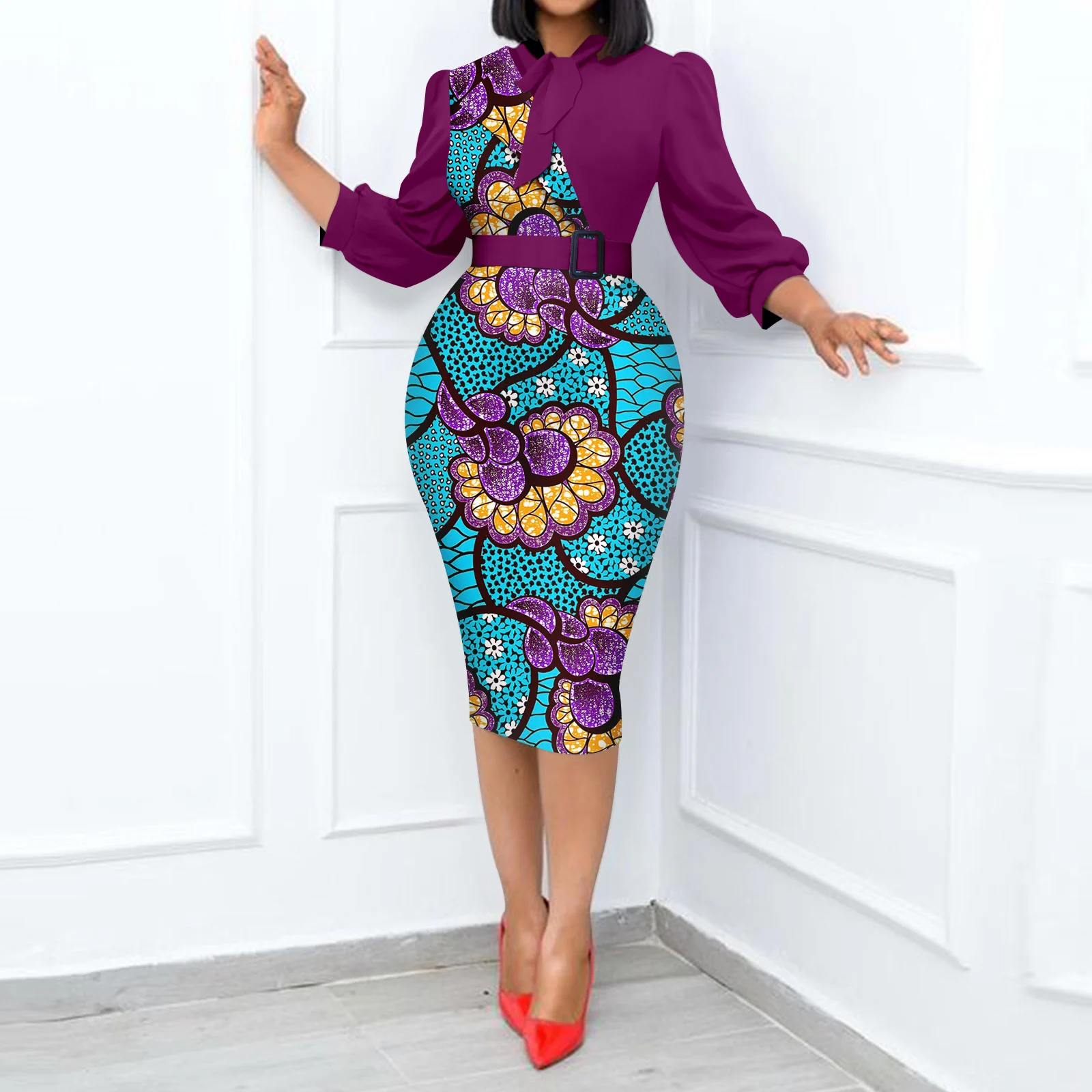 Afripride Africa Women's Seven Sleeve Workwear Formal Pencil Casual  Colorblock Belt Slim Dress A2225079 - AliExpress 200000345
