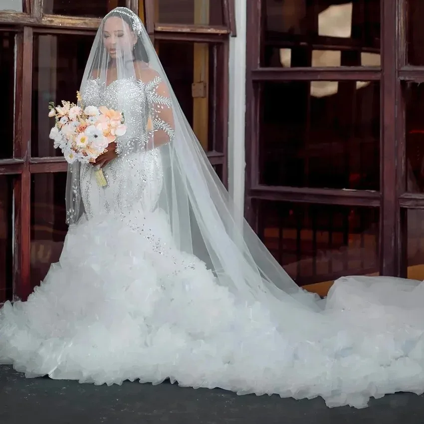 

Customized 2026 African Elegant Ruffled Mermaid Wedding Dress New Thick Crystal Beaded Dream Sleeve High Quality Wedding Dress