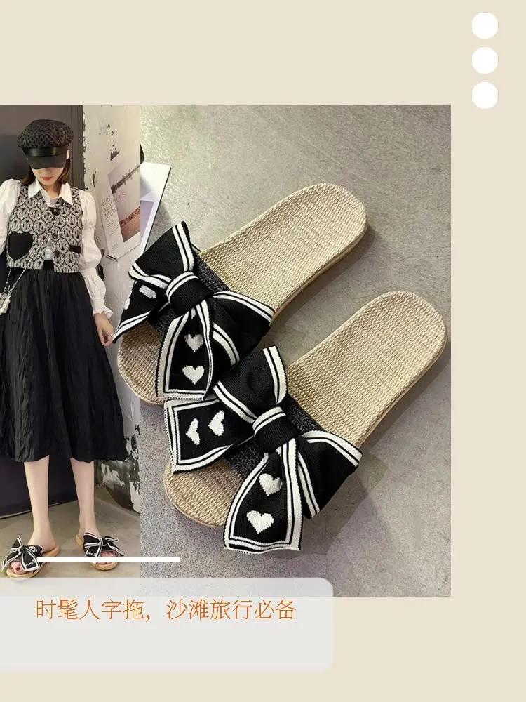 Shoes Woman's Slippers Low Slides Butterfly-Knot 2024 Massage Summer Fabric Butterfly-knot Hoof Heels Hemp PU Home Slippers Wome