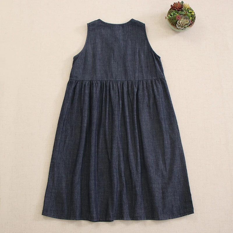 Spring Autumn Vintage Floral Embroidery Denim Tank Dress Women O-Neck Sleeveless Casual Loose Single Breasted Jeans Dresses