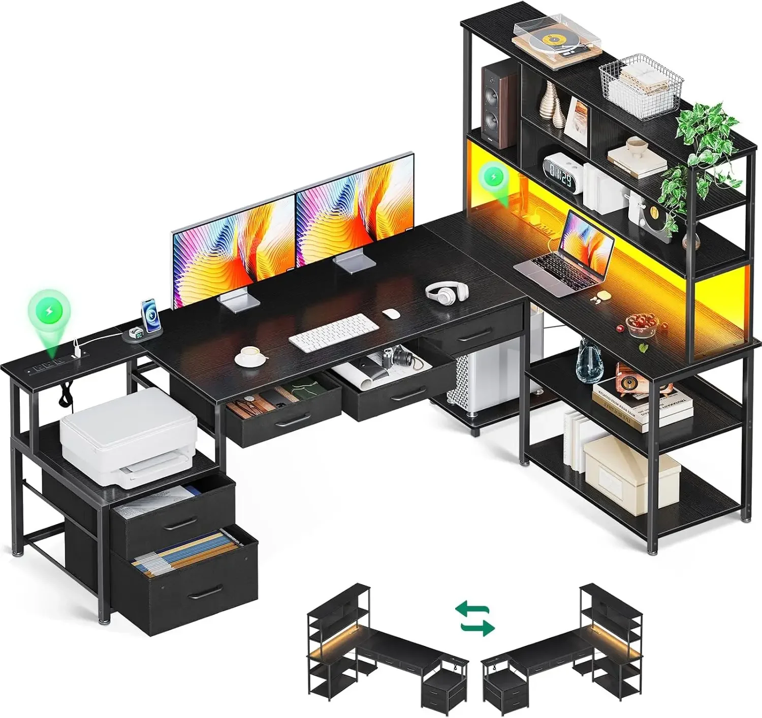 79 inch L Shaped Desk with File Drawers, Reversible L Shaped Gaming Desk with Power Outlets & LED Lights, Computer Desk