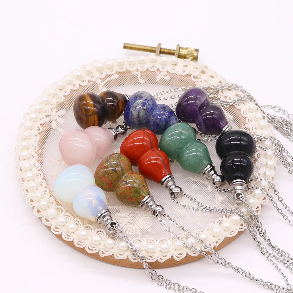 1pc Natural Stone Perfume Bottle Necklace Gourd Shape Quartz Crystal Healing Essential Oil Diffuser Fashion Jewelry Necklace