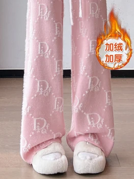 여성용 자카드 니트 와이드 레그 팬츠, 하이웨이스트 캐주얼 드레이핑 스트레이트 및 벨벳, 가을 겨울 2025 신상