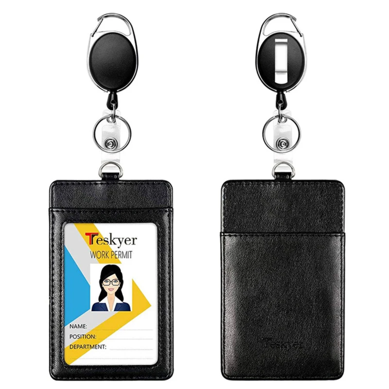 

1Pc Women Men Black Card Wallet Retractable Key Chain Lanyard for Keys ID Card PU Leather Bus Pass Card Case Cover Badge Holder