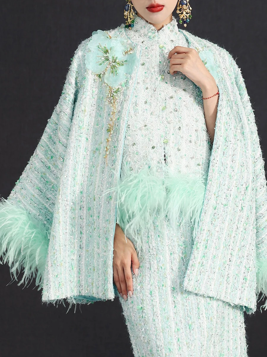 Twotwinstyle hit cor solta emendado penas casacos elegantes para mulheres o pescoço mangas compridas retalhos apliques casaco feminino novo