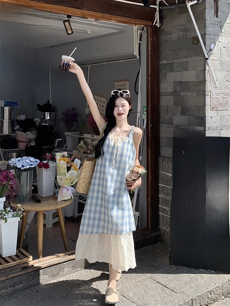 夏チェック柄ストラップドレスレディースミディスカートスタイル通勤ルーズウエストその他素材00%ビッグスイングタイプAラインガウン