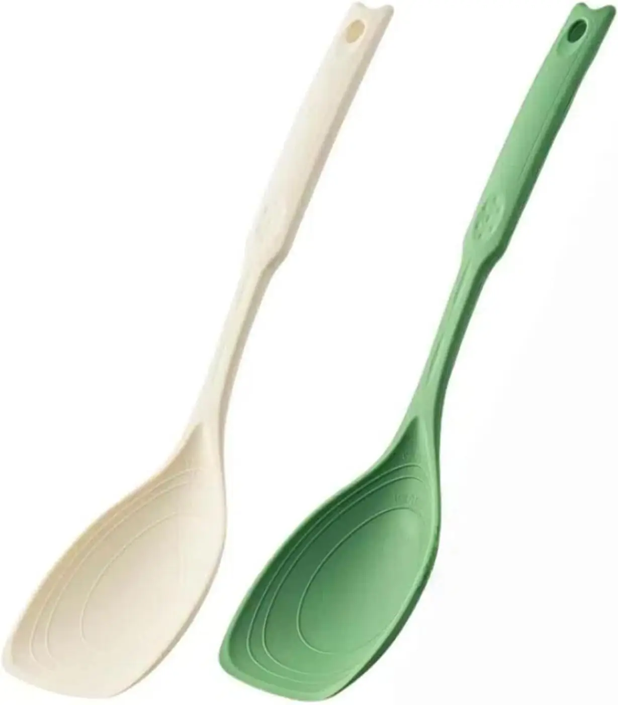 

12-Inch Silicone Spoonula Set, 2-Pack Non-Stick Cooking Spoons with Deep Bowl & Measurement Marks for Mixing, Serving, Scraping, White & Green